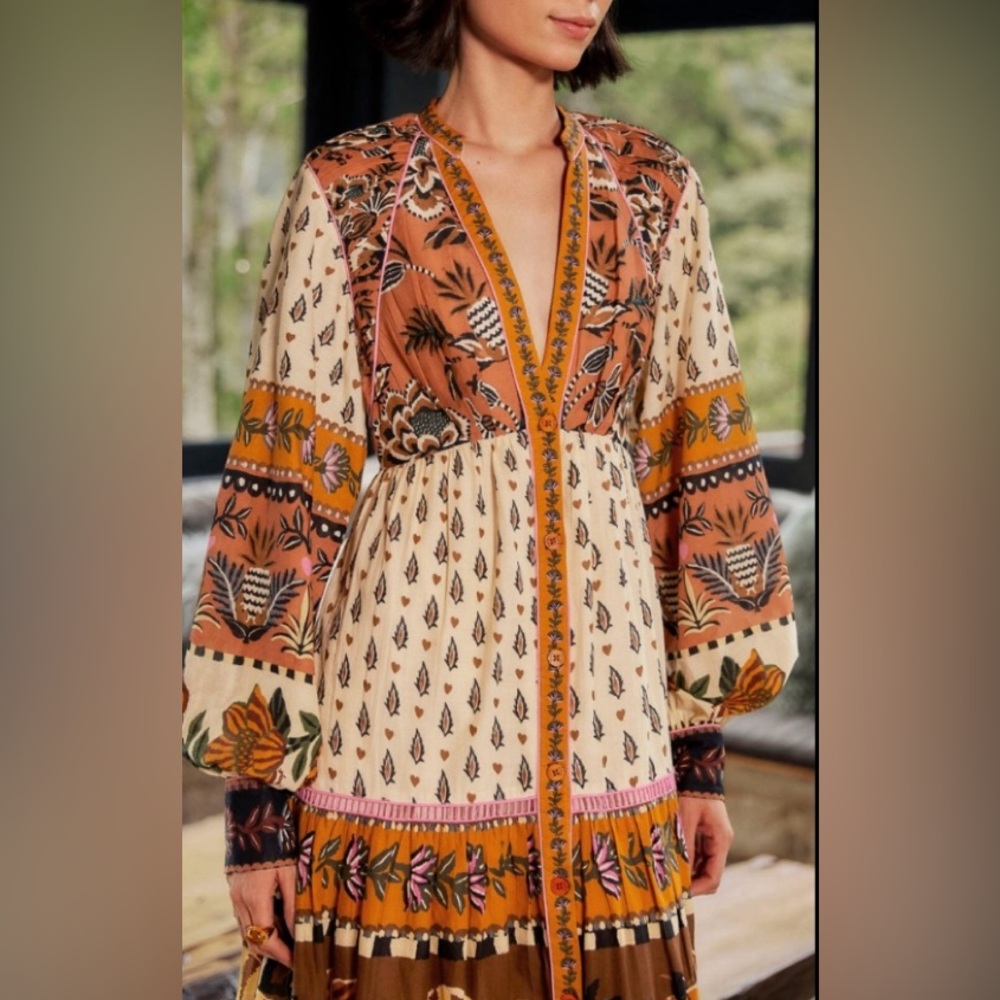 FARM Rio Earthy Beige Ainika Flora V-Neck Midi-